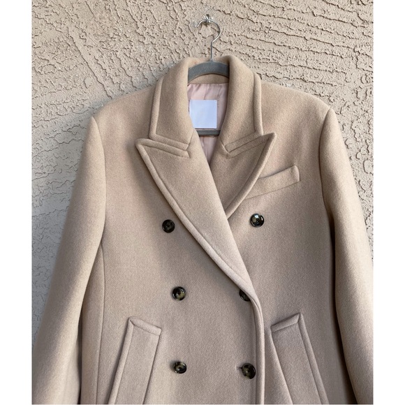 MANGO NWOT Neutral Camel Beige Long Double Breasted Virgin Italian Wool Coat S - Picture 2 of 16